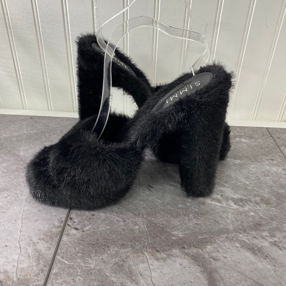 SIMMI Womens 7‎ London Black Faux Fur Platform Heeled Sandals Fuzzy Chunky Party - Picture 5 of 10